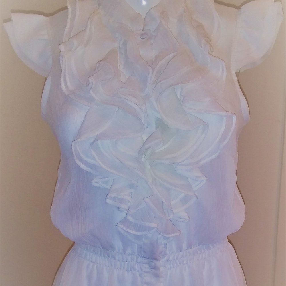 ivory button-down ruffle sleeveless blouse